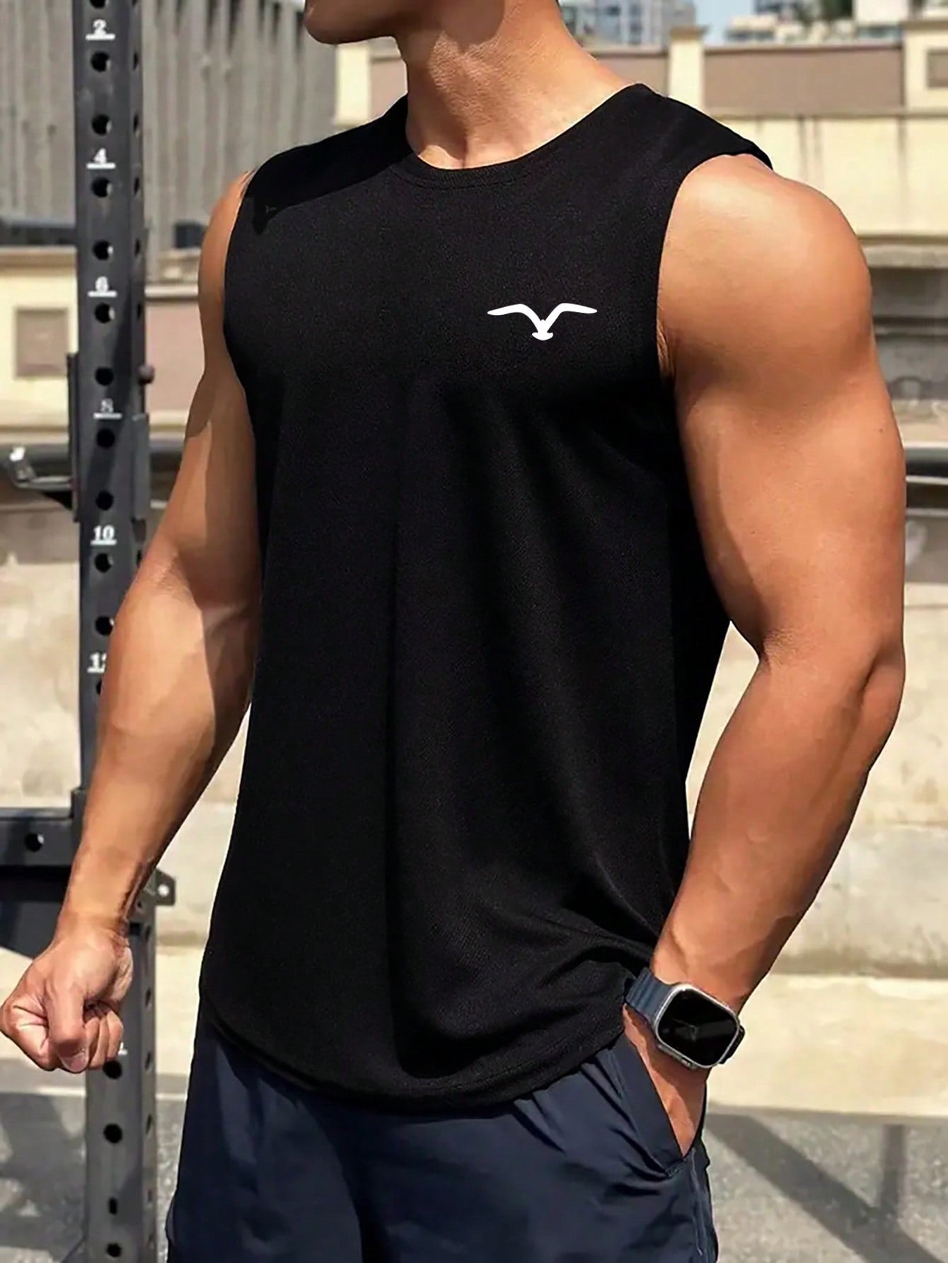 Men's Casual Round Neck Top Seagull Print Black