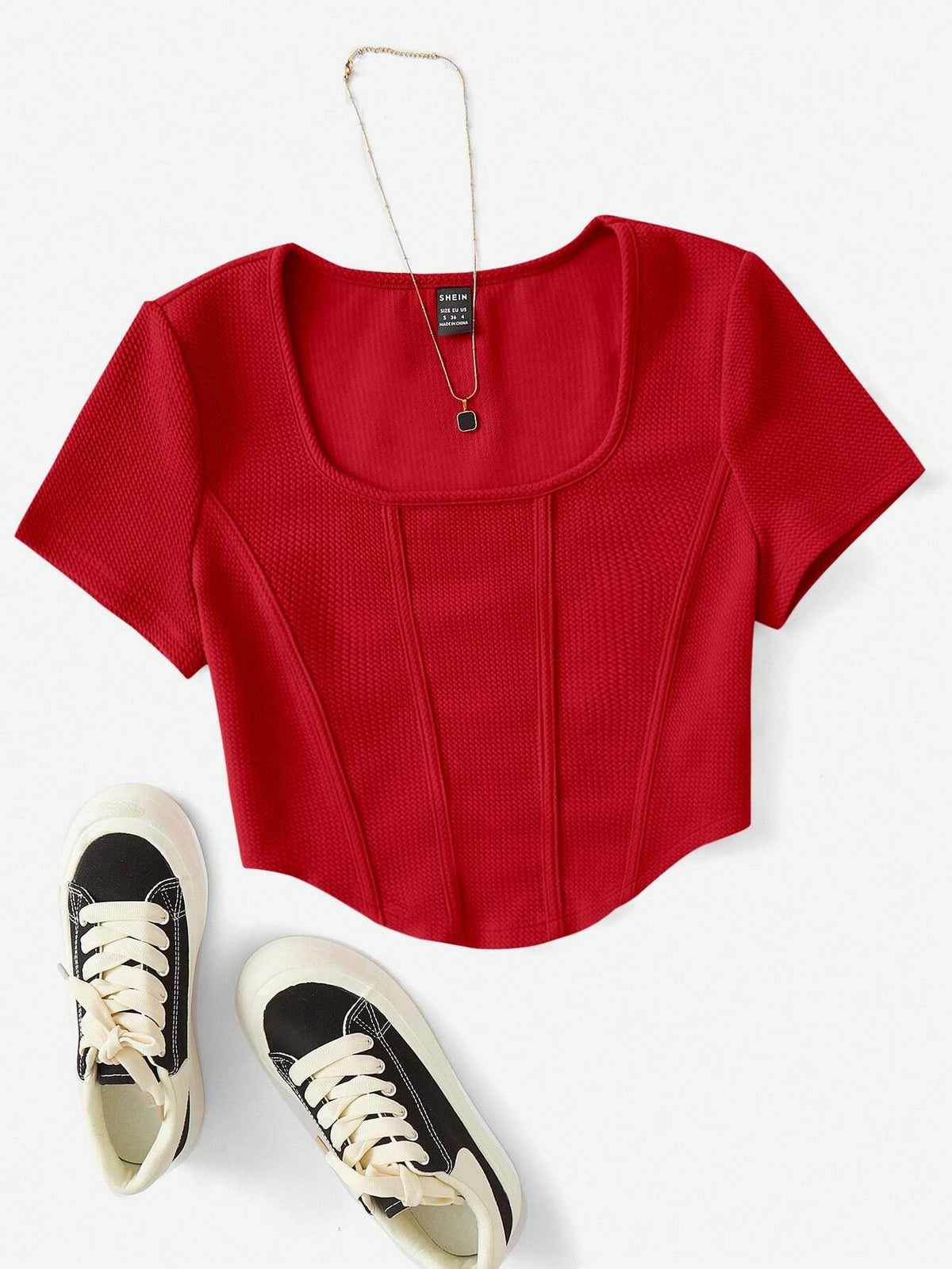 Women's Square Neck Seam Detail Curved Hem Crop Tee