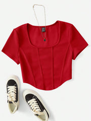 Women's Square Neck Seam Detail Curved Hem Crop Tee