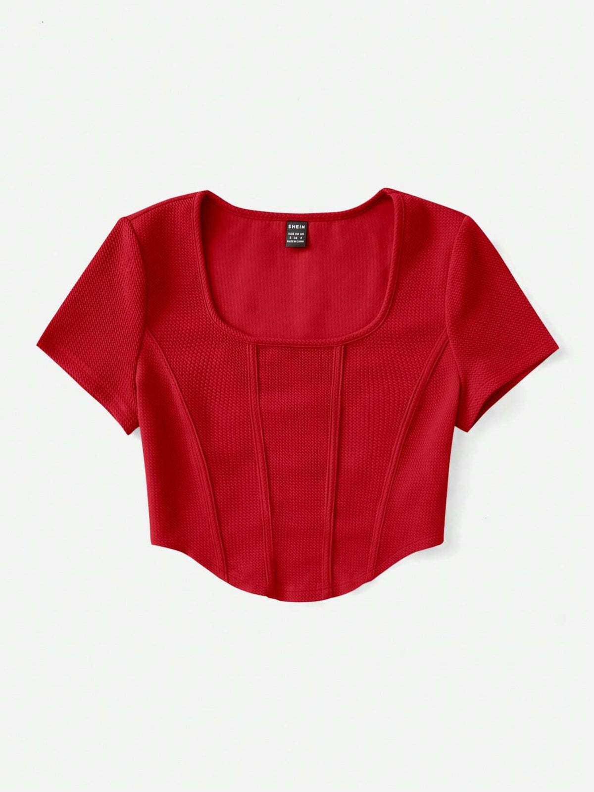 Women's Square Neck Seam Detail Curved Hem Crop Tee