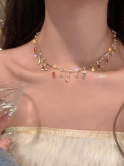 Women's Butterfly Crystal Tassel Layered Choker Necklace