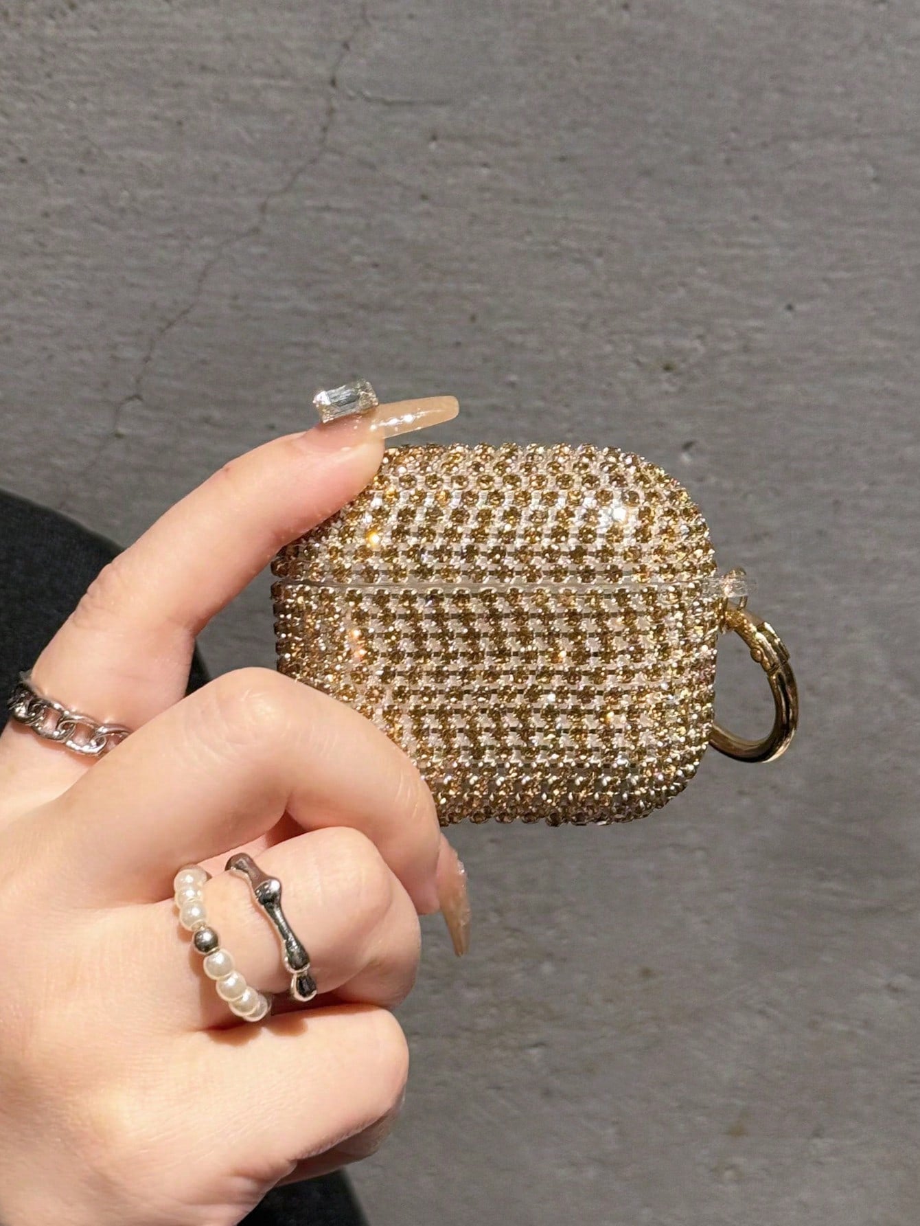Shallow Gold Glass Rhinestone Hard Earphone Case