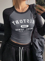 Women's Colorblock Raglan Sleeve Letter Print Slim Fit T-Shirt