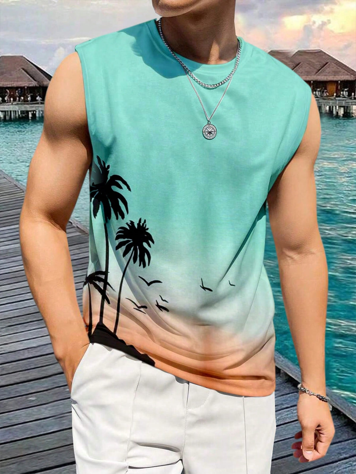Men's Tropical Graphic Casual Round Neck Sleeveless Beach Tank Top