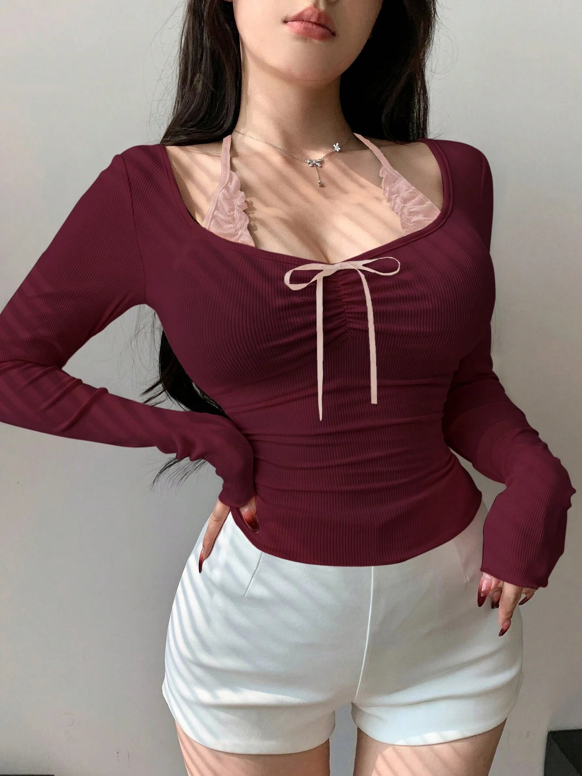 Women's Slim Fit Ruched Bow Knot Long Sleeve Halter T-Shirt