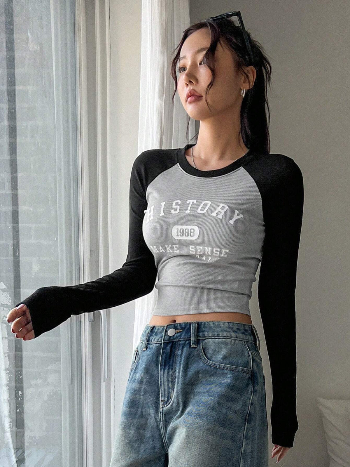Women's Casual Colorblock Raglan Sleeve Slim Fit Graphic T-Shirt