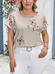 Women's Plus Size Floral Print Round Neck Batwing Sleeve Blouse