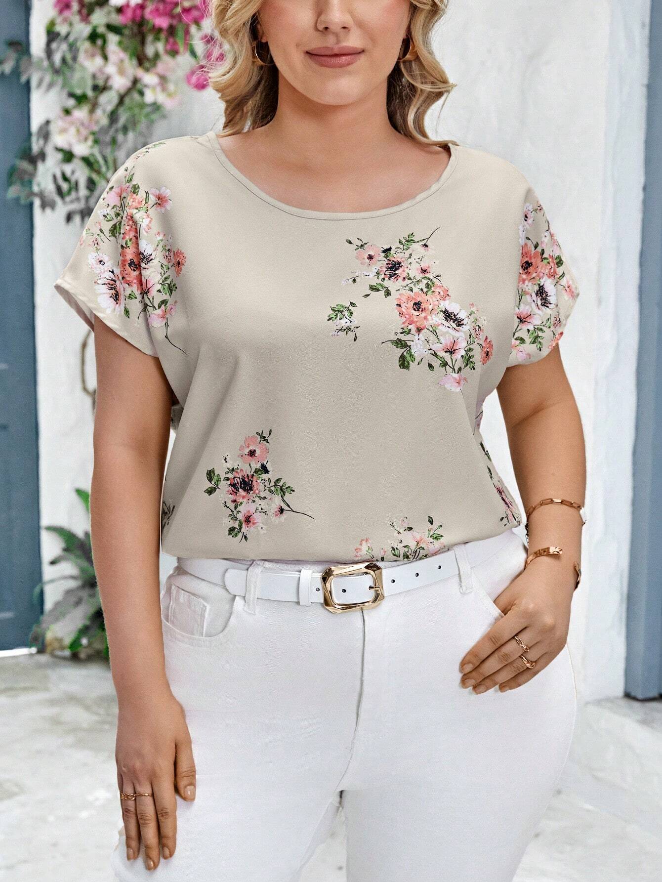 Women's Plus Size Floral Print Round Neck Batwing Sleeve Blouse