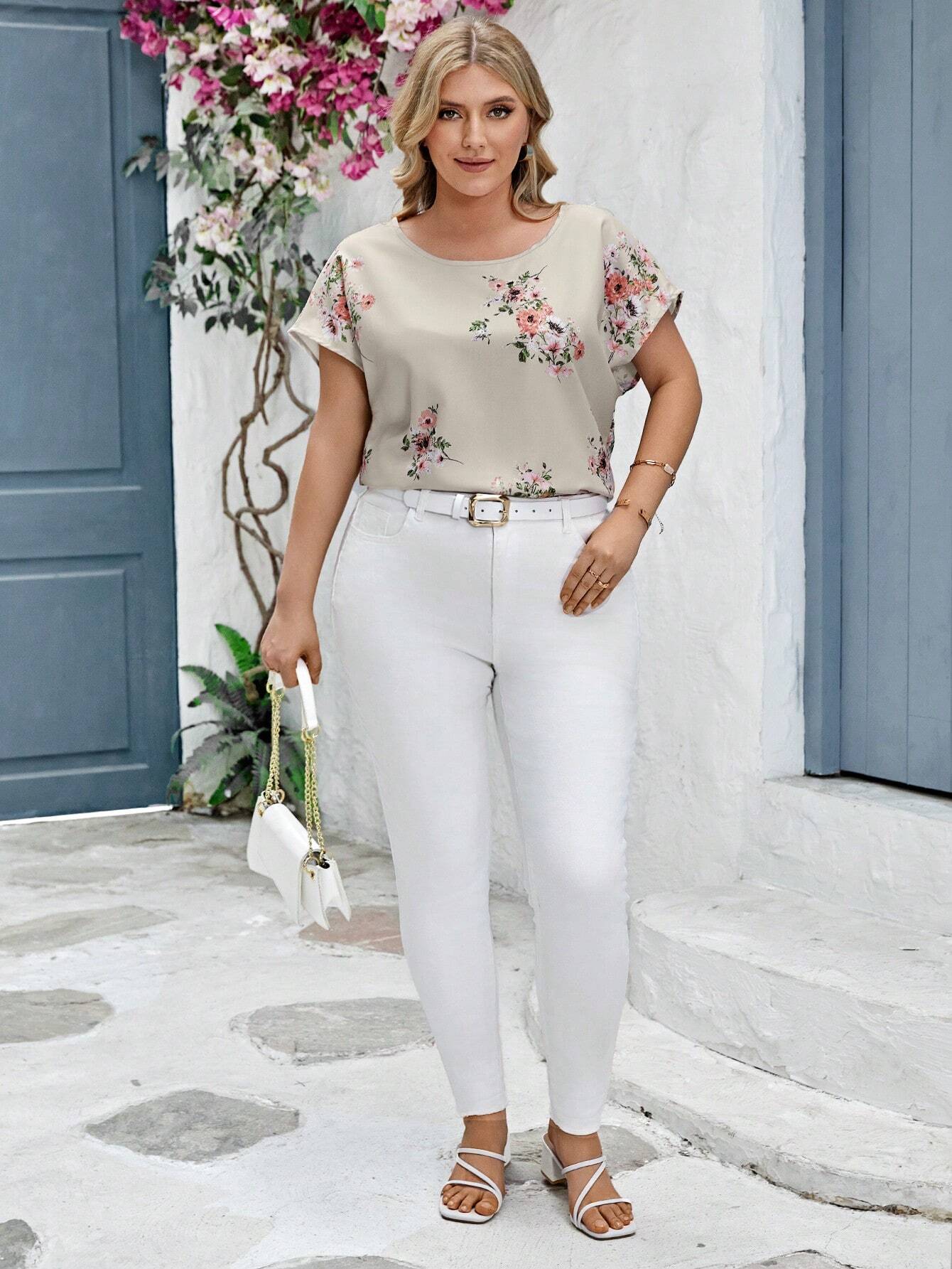 Women's Plus Size Floral Print Round Neck Batwing Sleeve Blouse