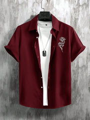 Manfinity Homme Rose Print Short Sleeve Shirt Burgundy