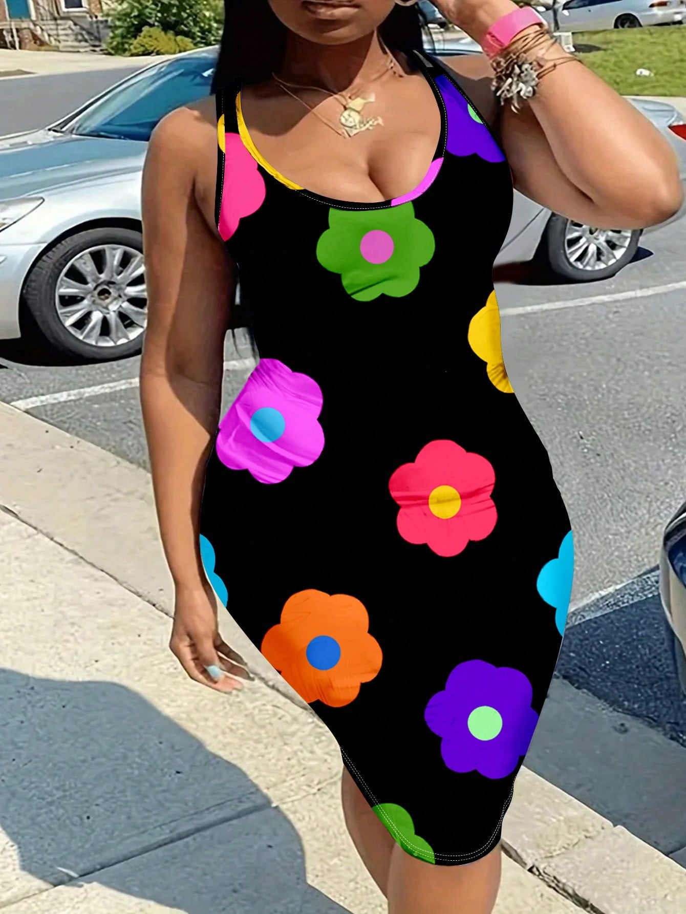 Women's Plus Size Floral Print Sleeveless Slim Fit Dress