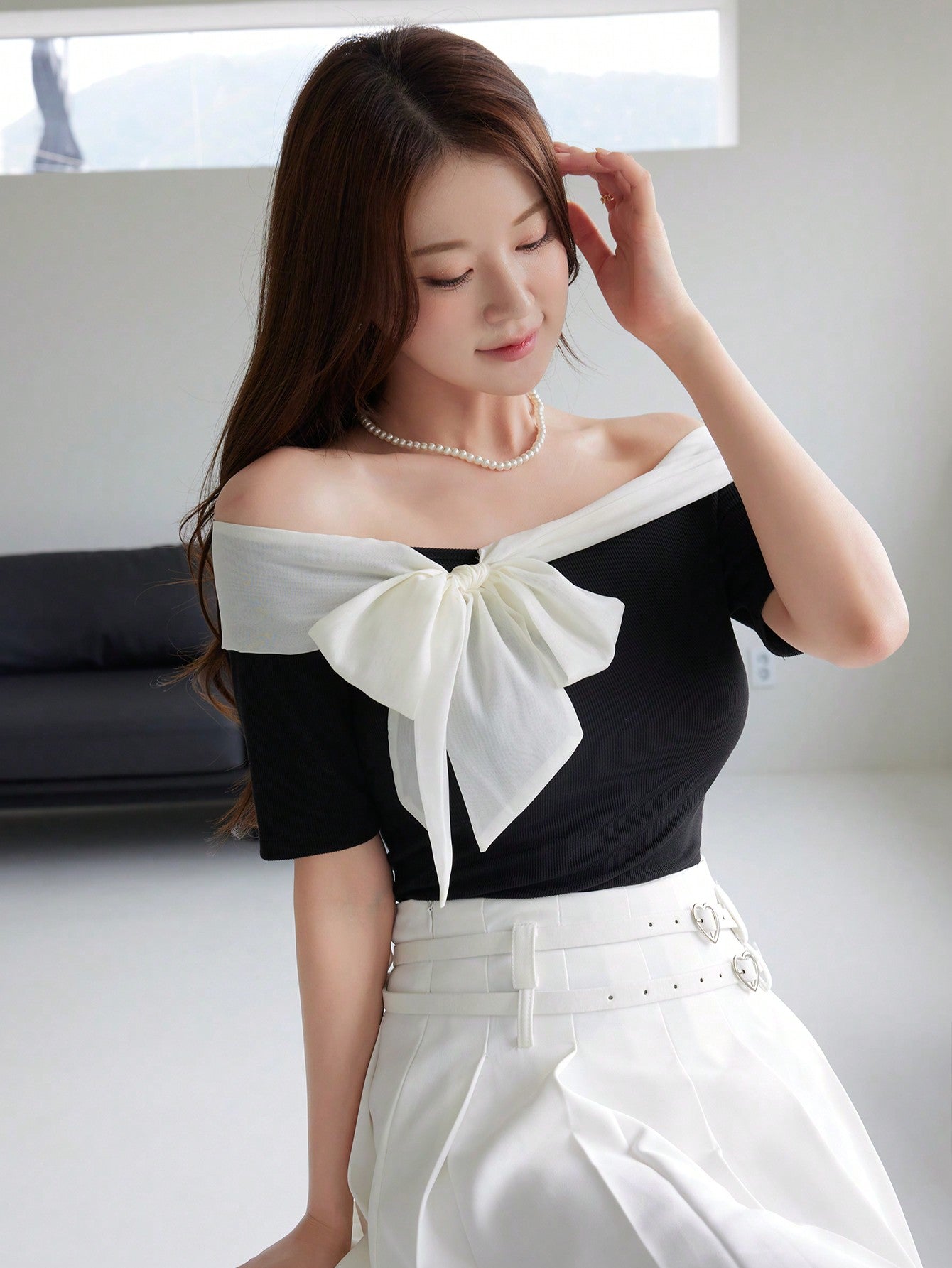 Women's Casual Contrast Bow Off Shoulder Short Sleeve Crop Top