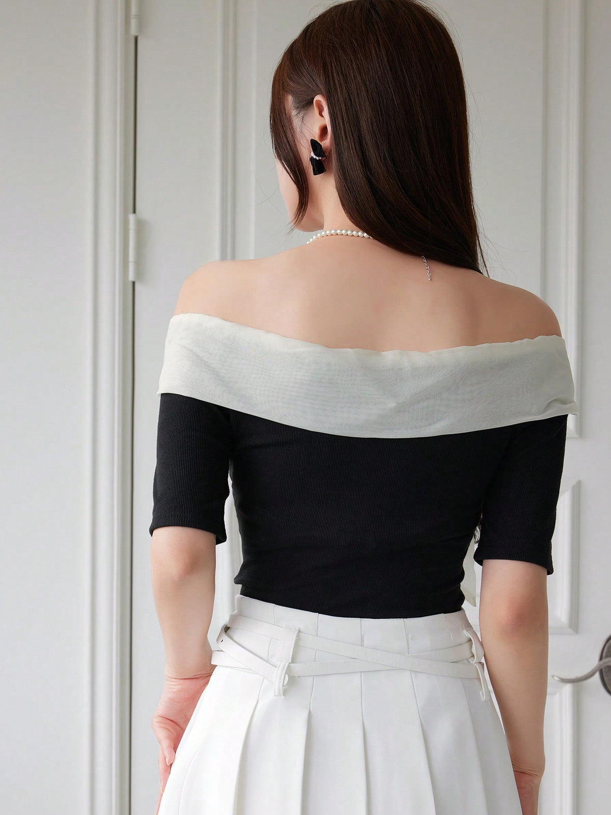 Women's Casual Contrast Bow Off Shoulder Short Sleeve Crop Top