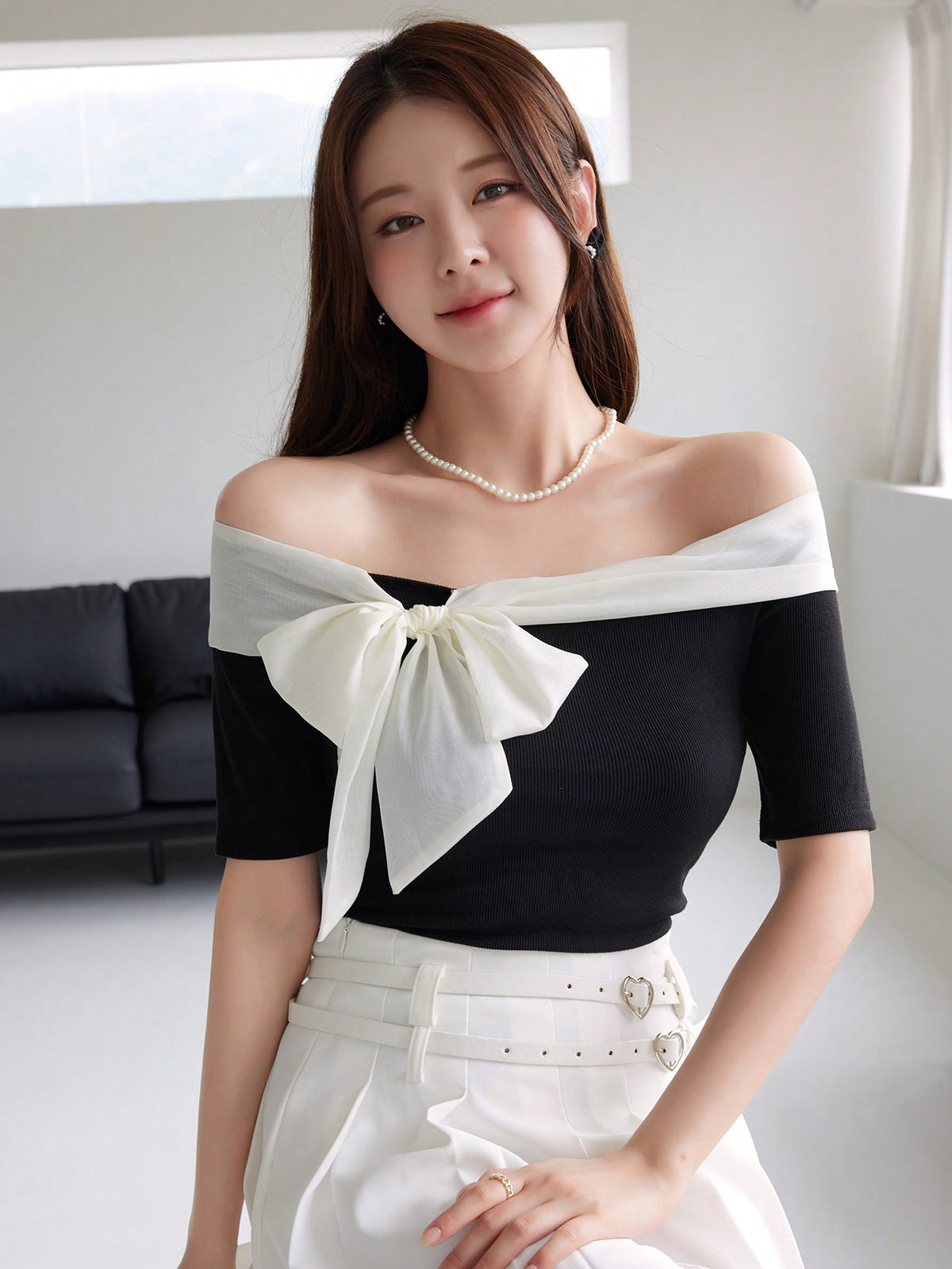 Women's Casual Contrast Bow Off Shoulder Short Sleeve Crop Top