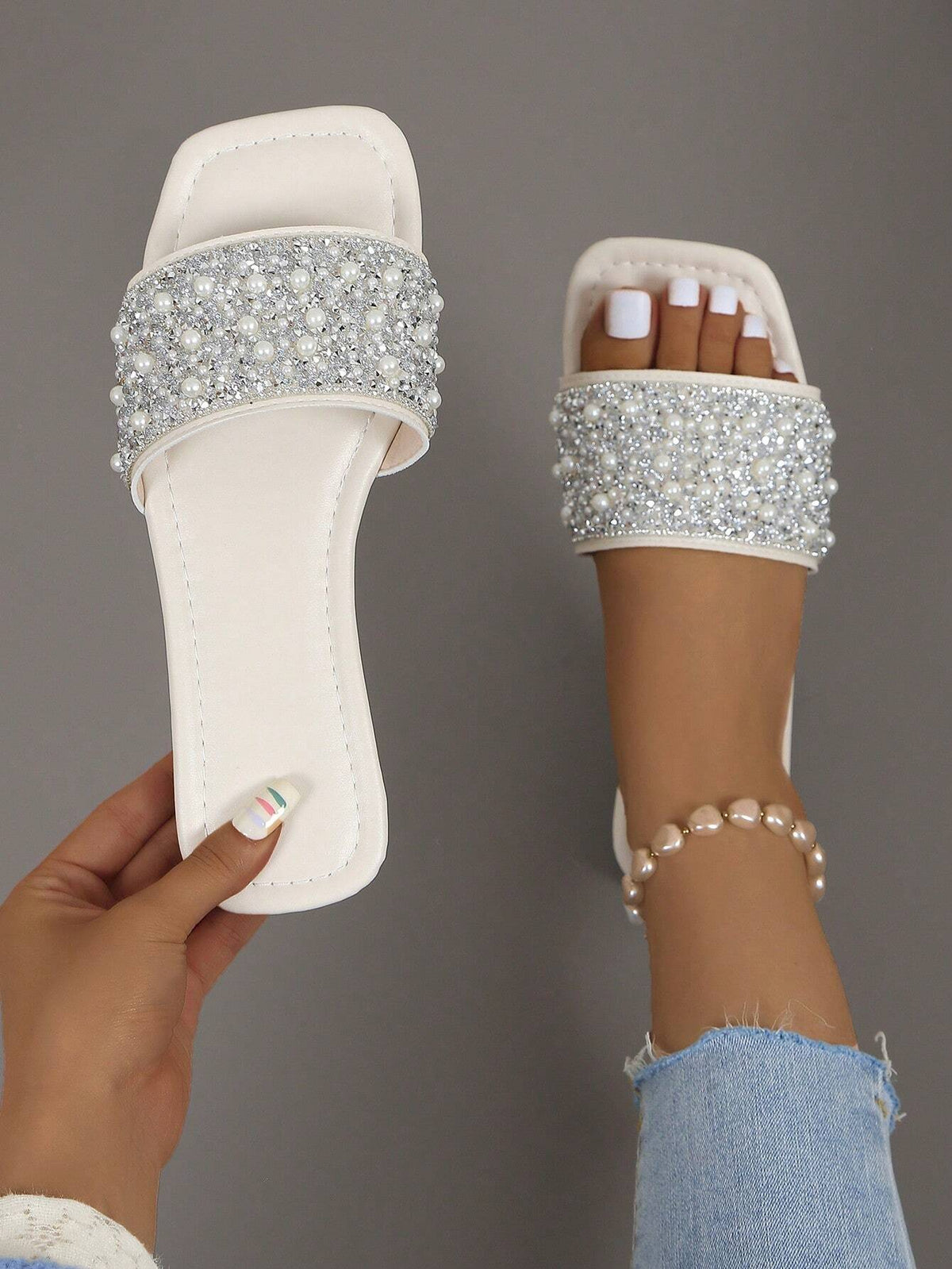 Women's Rhinestone Faux Pearl Flat Mary Jane Slide Sandals