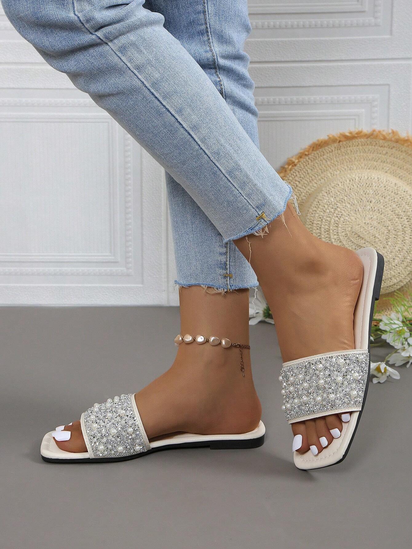 Women's Rhinestone Faux Pearl Flat Mary Jane Slide Sandals