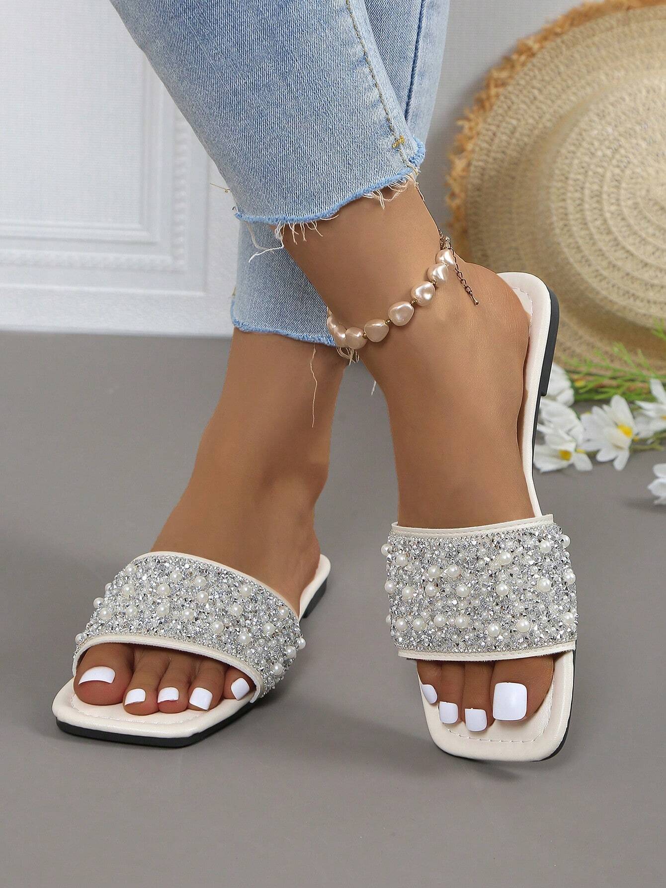 Women's Rhinestone Faux Pearl Flat Mary Jane Slide Sandals