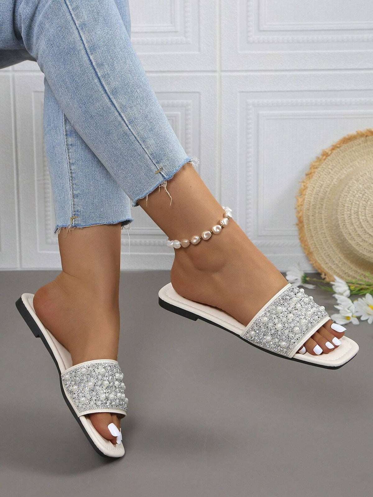 Women's Rhinestone Faux Pearl Flat Mary Jane Slide Sandals