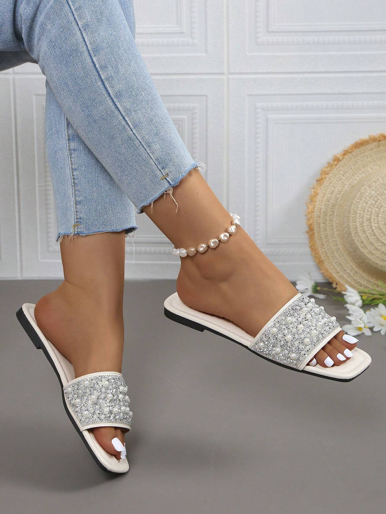 Women's Rhinestone Faux Pearl Flat Mary Jane Slide Sandals