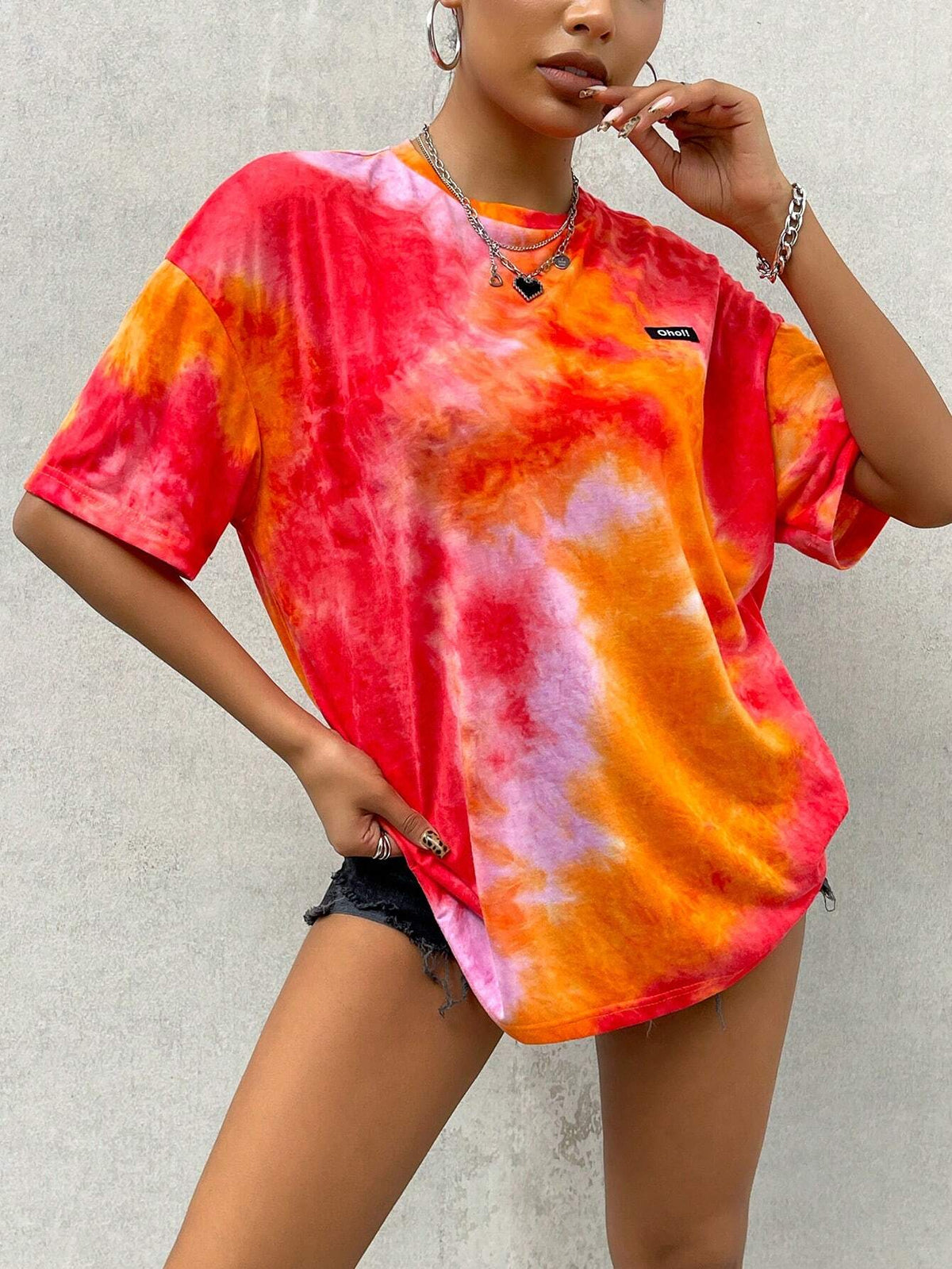 Women's Casual Tie-Dye Drop Shoulder Alphabet T-Shirt