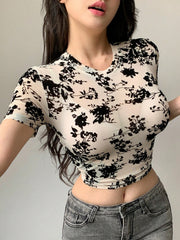 DAZY Women's Sheer Floral Mesh Short Sleeve Crop Top Beige