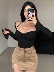 Women's Sweetheart Neck Front Tie Ruched Crop Top