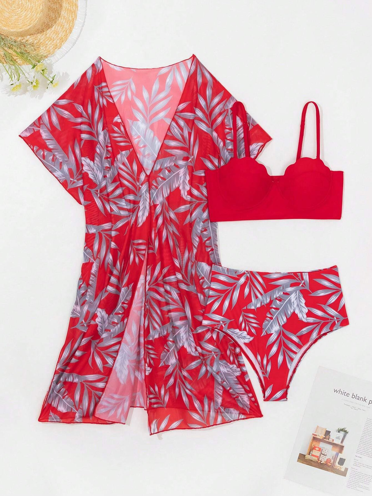 Women's Summer Beach Tropical Plant Print Bikini Set With Kimono