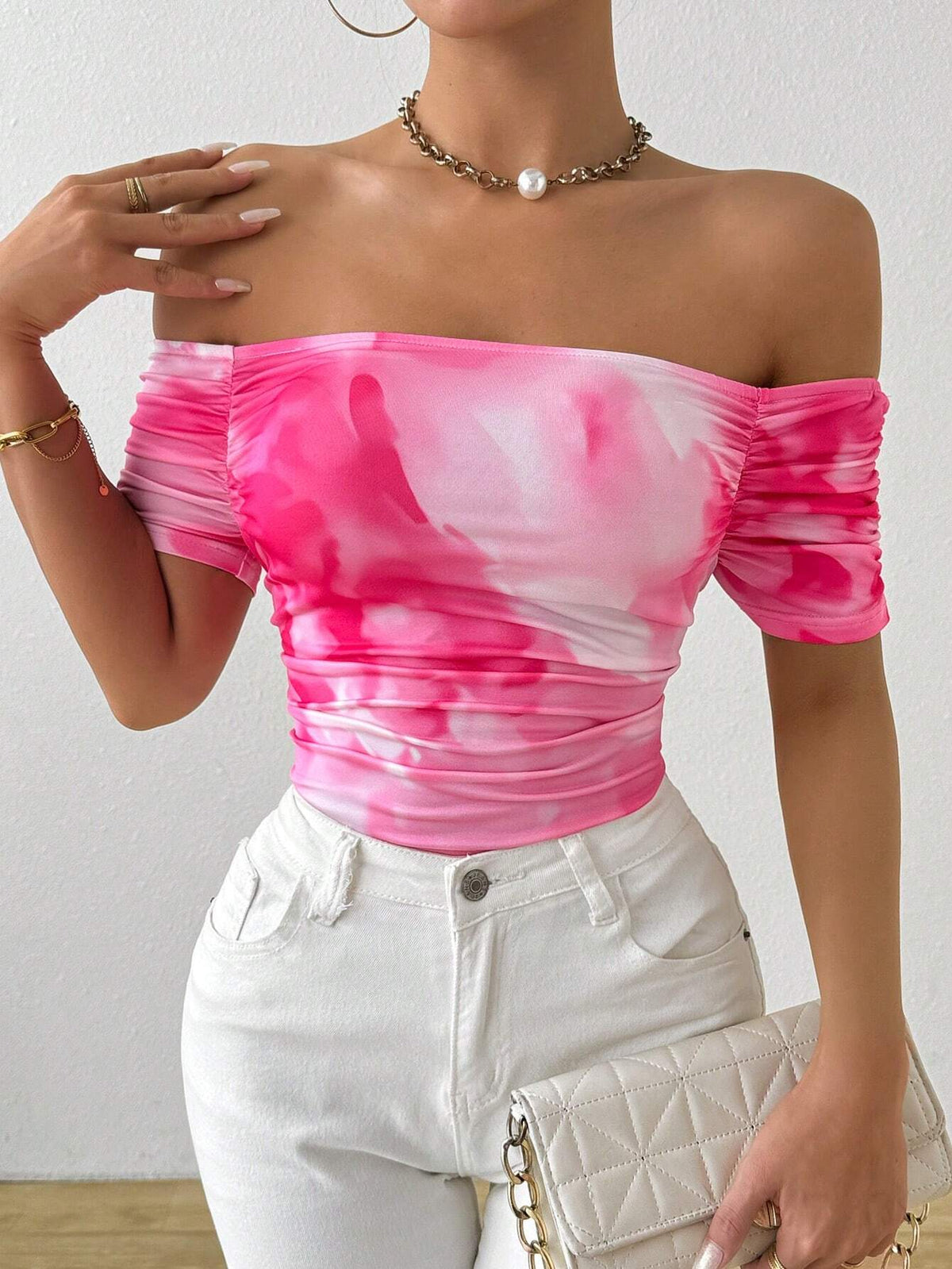 Allurite Women's Off-Shoulder Floral Pleated T-Shirt Short Sleeve Pink