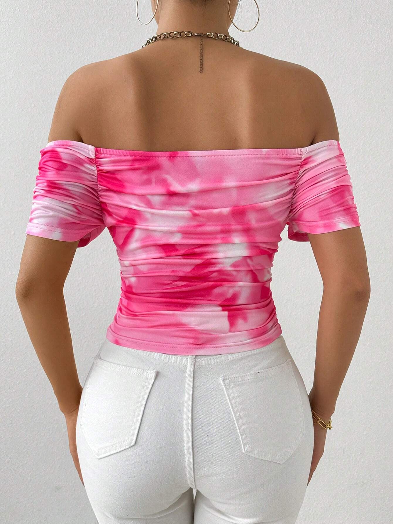 Allurite Women's Off-Shoulder Floral Pleated T-Shirt Short Sleeve Pink