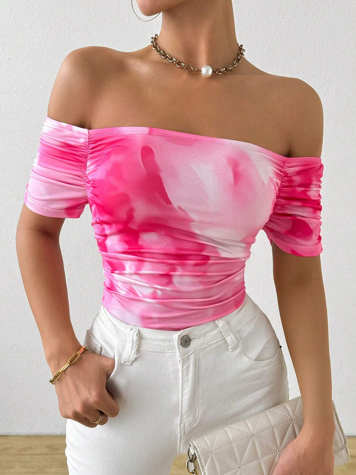 Allurite Women's Off-Shoulder Floral Pleated T-Shirt Short Sleeve Pink