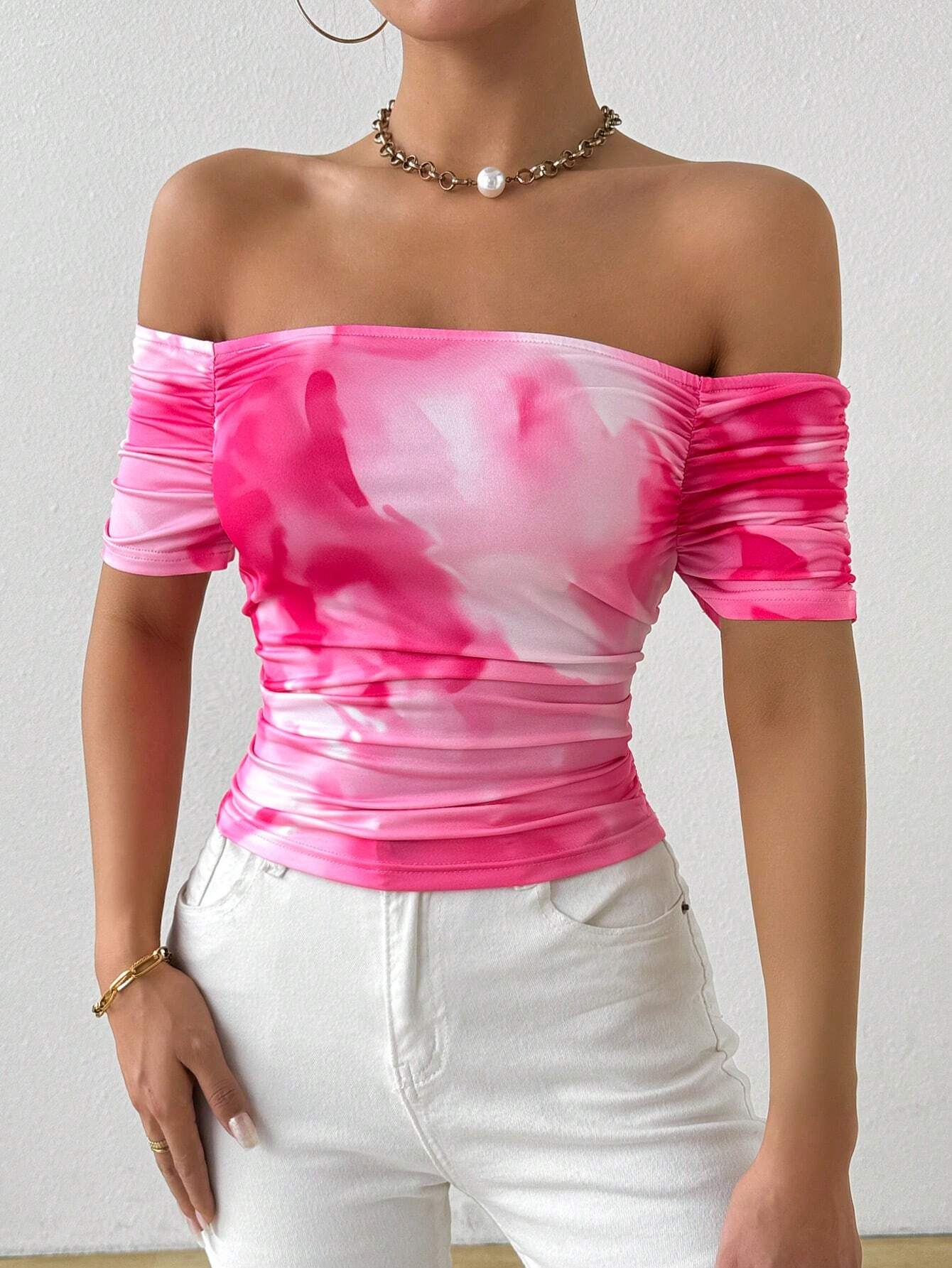Allurite Women's Off-Shoulder Floral Pleated T-Shirt Short Sleeve Pink