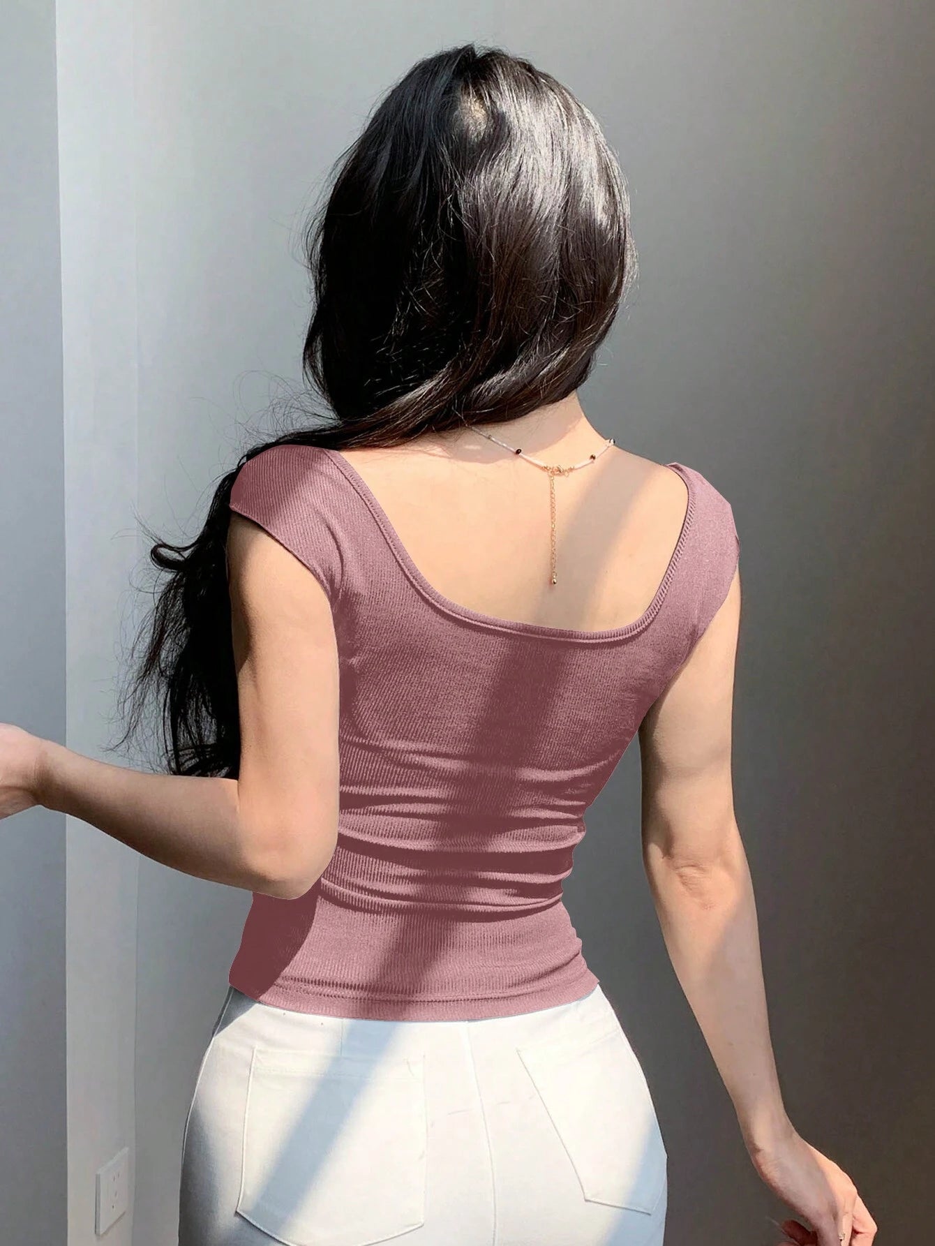 Women's Backless Bow Tie Ribbon Fitted Short Sleeve Summer T-Shirt Top