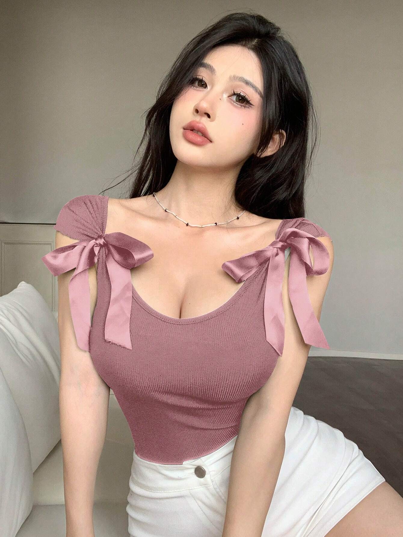 Women's Backless Bow Tie Ribbon Fitted Short Sleeve Summer T-Shirt Top