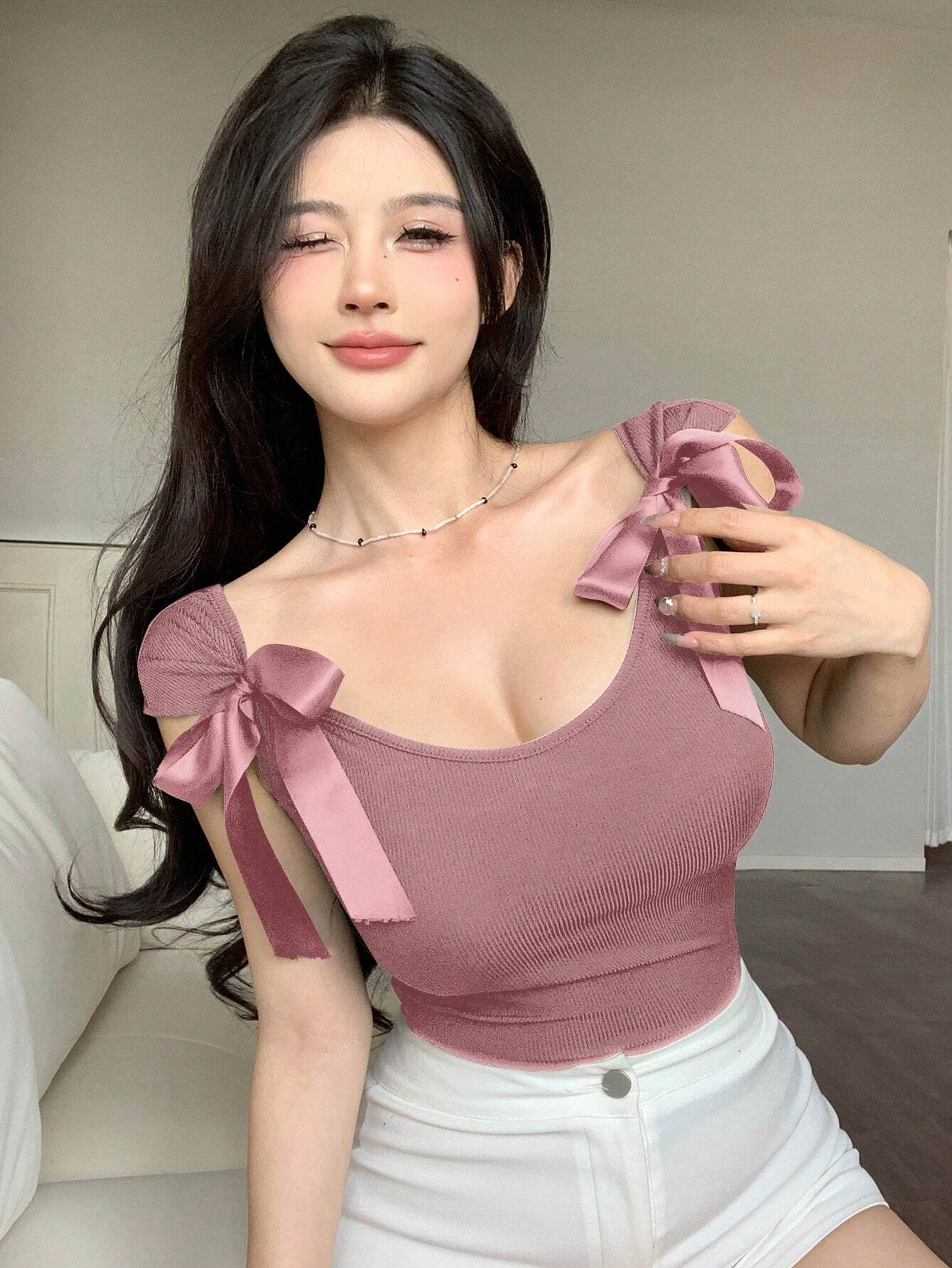 Women's Backless Bow Tie Ribbon Fitted Short Sleeve Summer T-Shirt Top