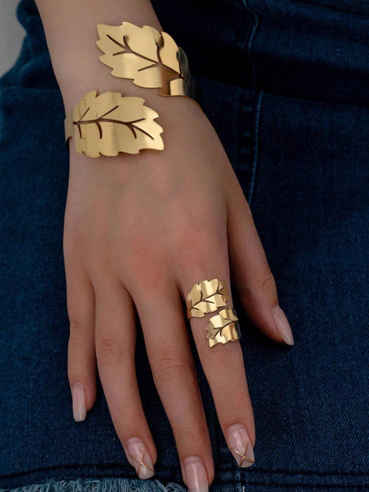Women's Hollowed-Out Leaf Adjustable Bracelet and Ring Set