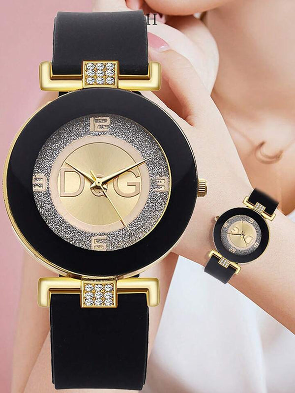 Shein 1pc Black Silicone Strap Fashion Rhinestone Dial Quartz Watch /