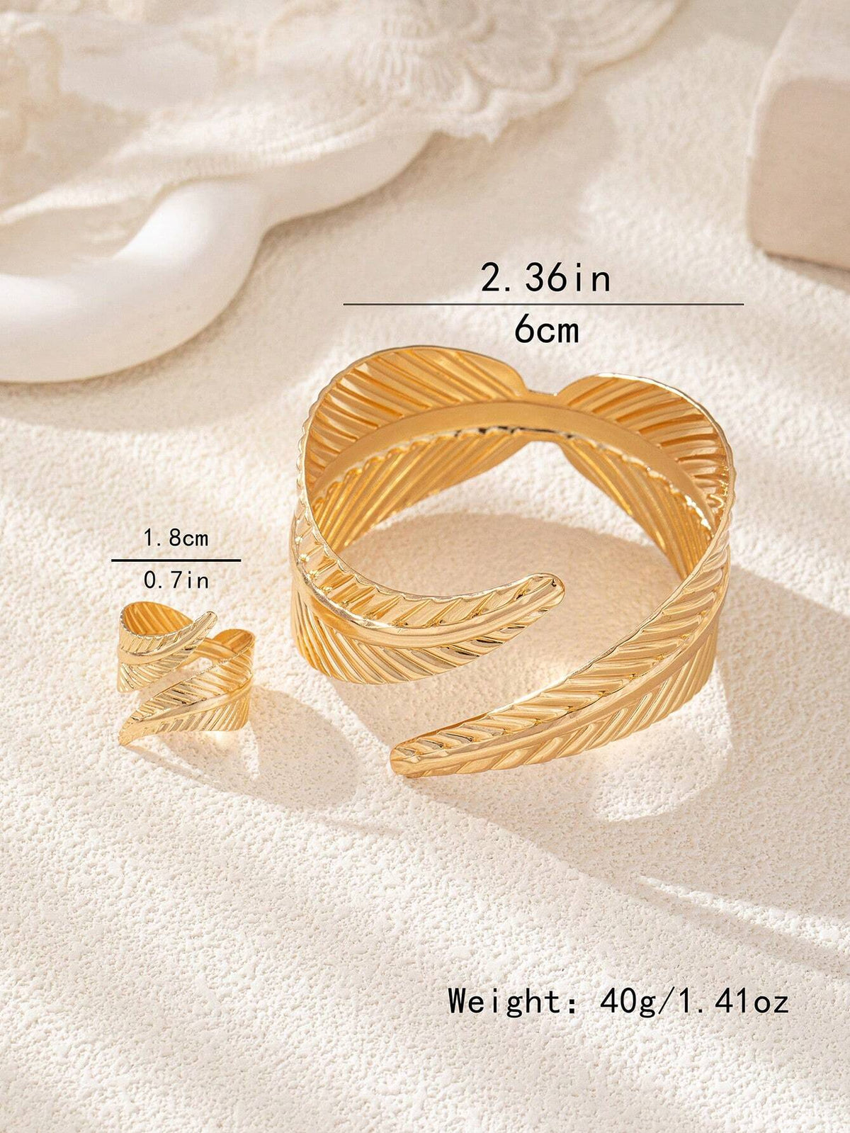 Women's Leaf Shaped Metal Bracelet and Adjustable Open Ring Set