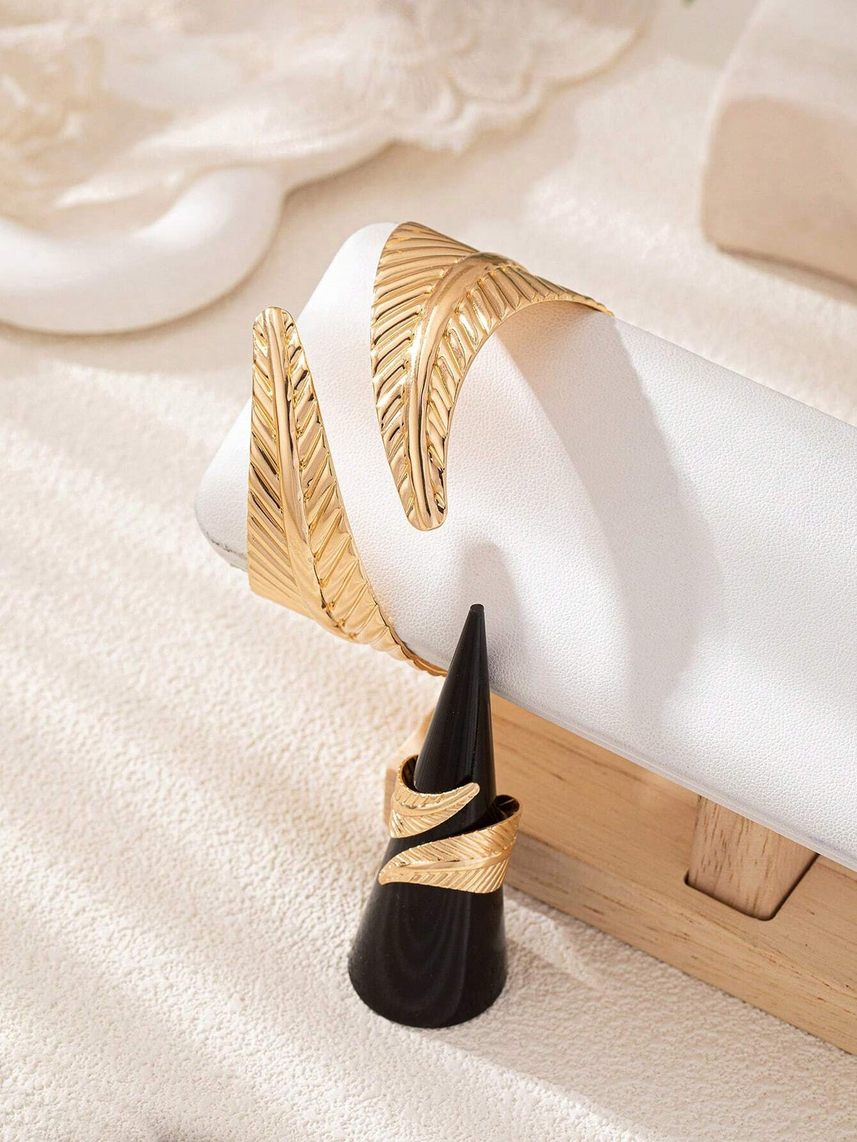 Women's Leaf Shaped Metal Bracelet and Adjustable Open Ring Set