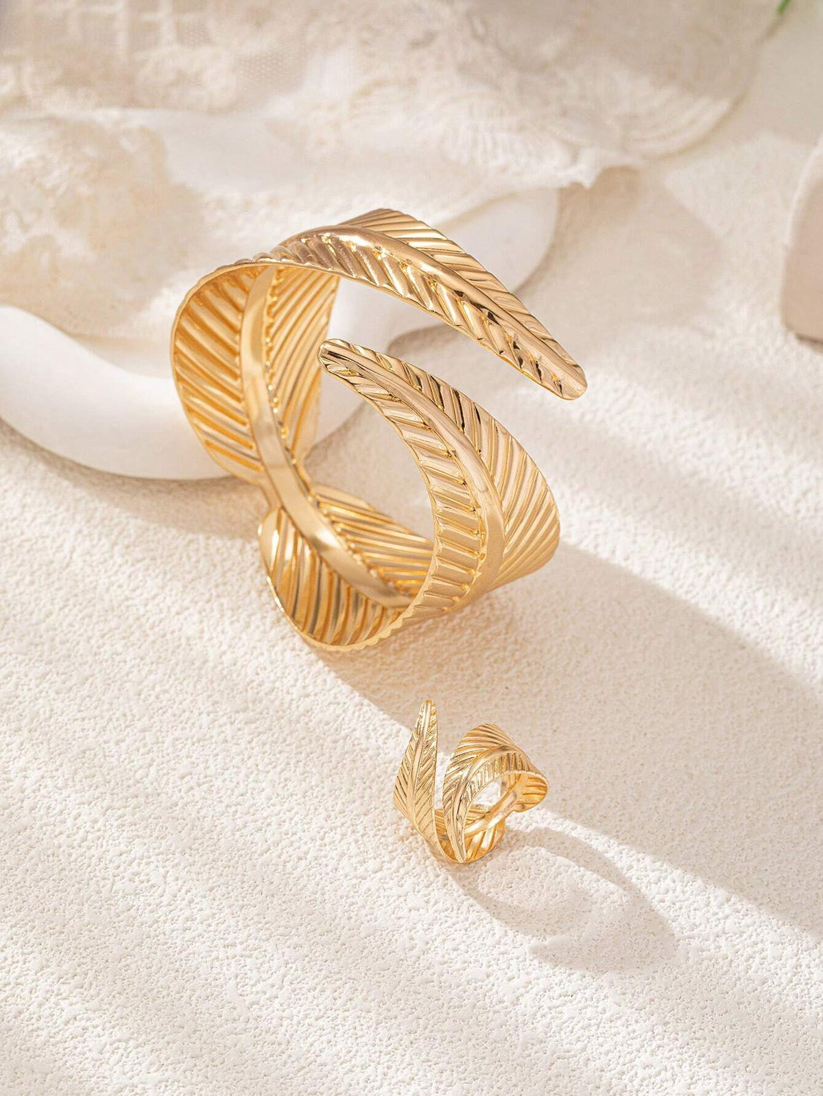 Women's Leaf Shaped Metal Bracelet and Adjustable Open Ring Set