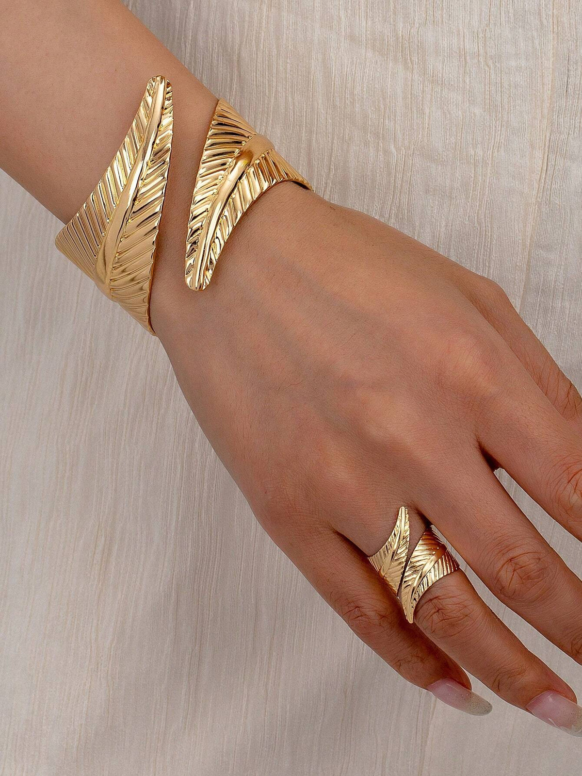Women's Leaf Shaped Metal Bracelet and Adjustable Open Ring Set