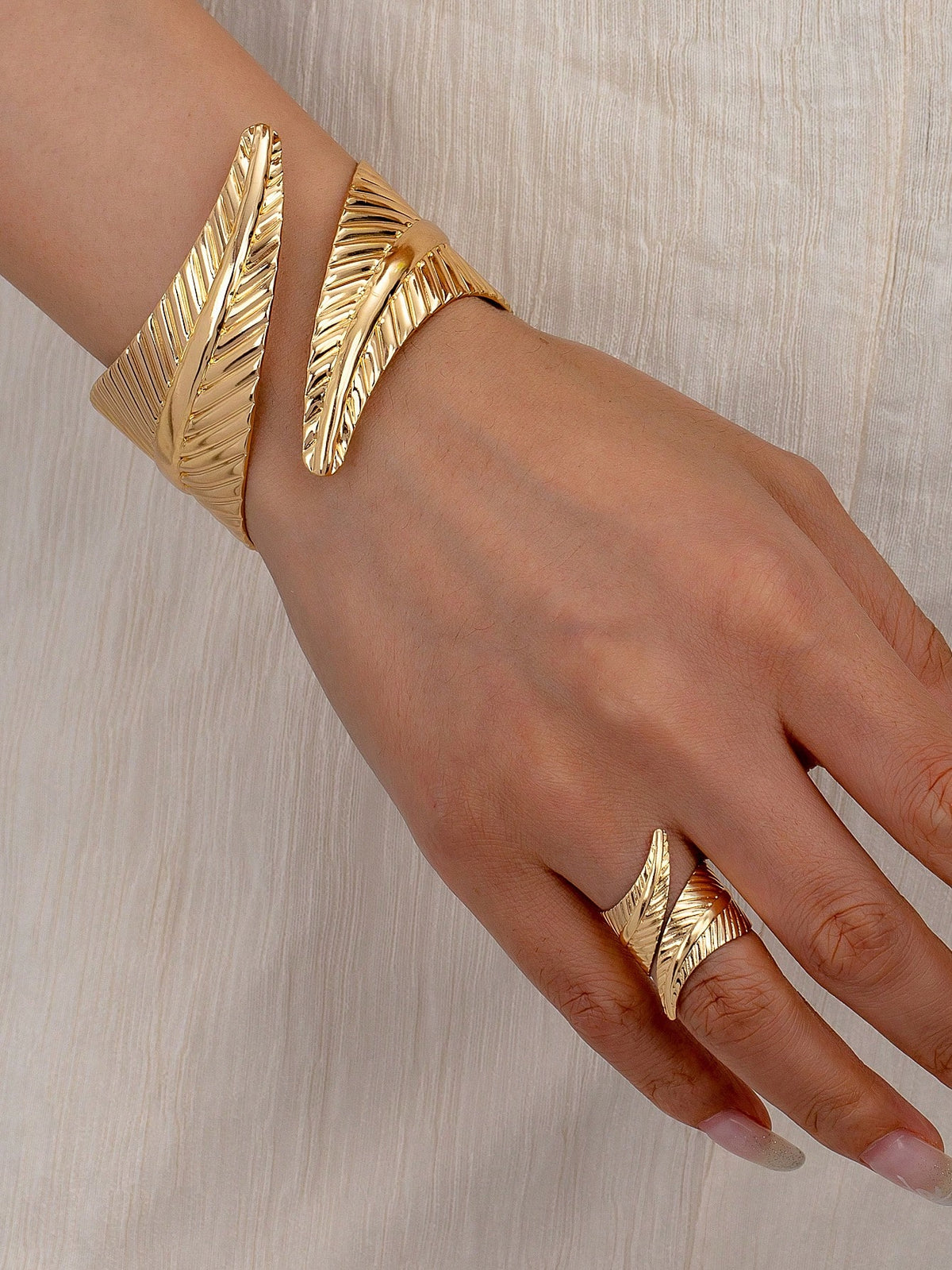 Women's Leaf Shaped Metal Bracelet and Adjustable Open Ring Set