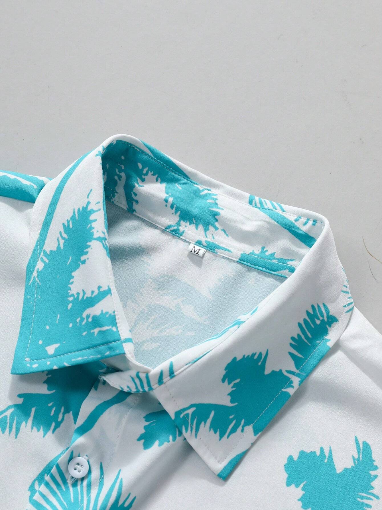 Casual Shirt Men's Palm Tree Print Short Sleeve Blue