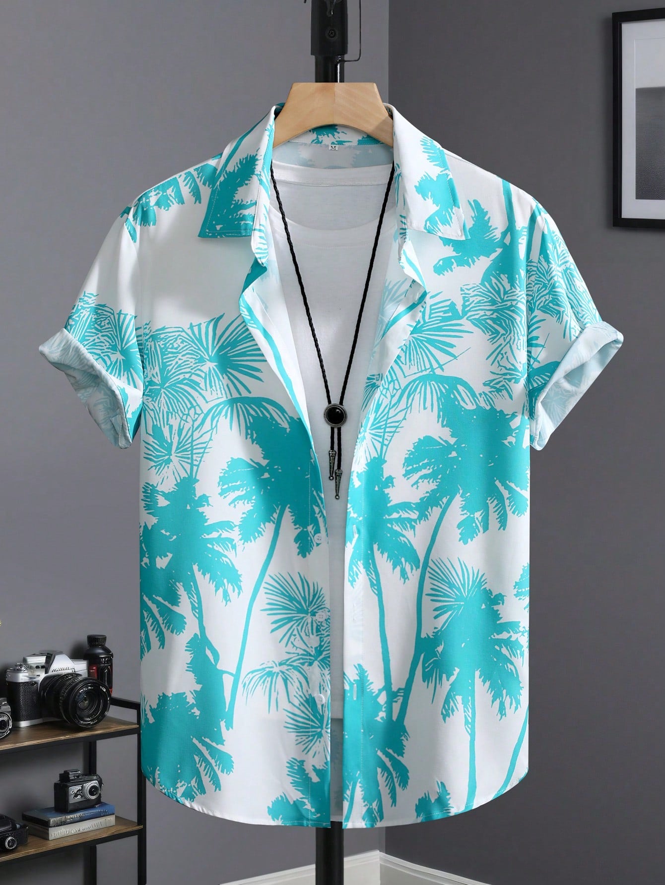 Casual Shirt Men's Palm Tree Print Short Sleeve Blue