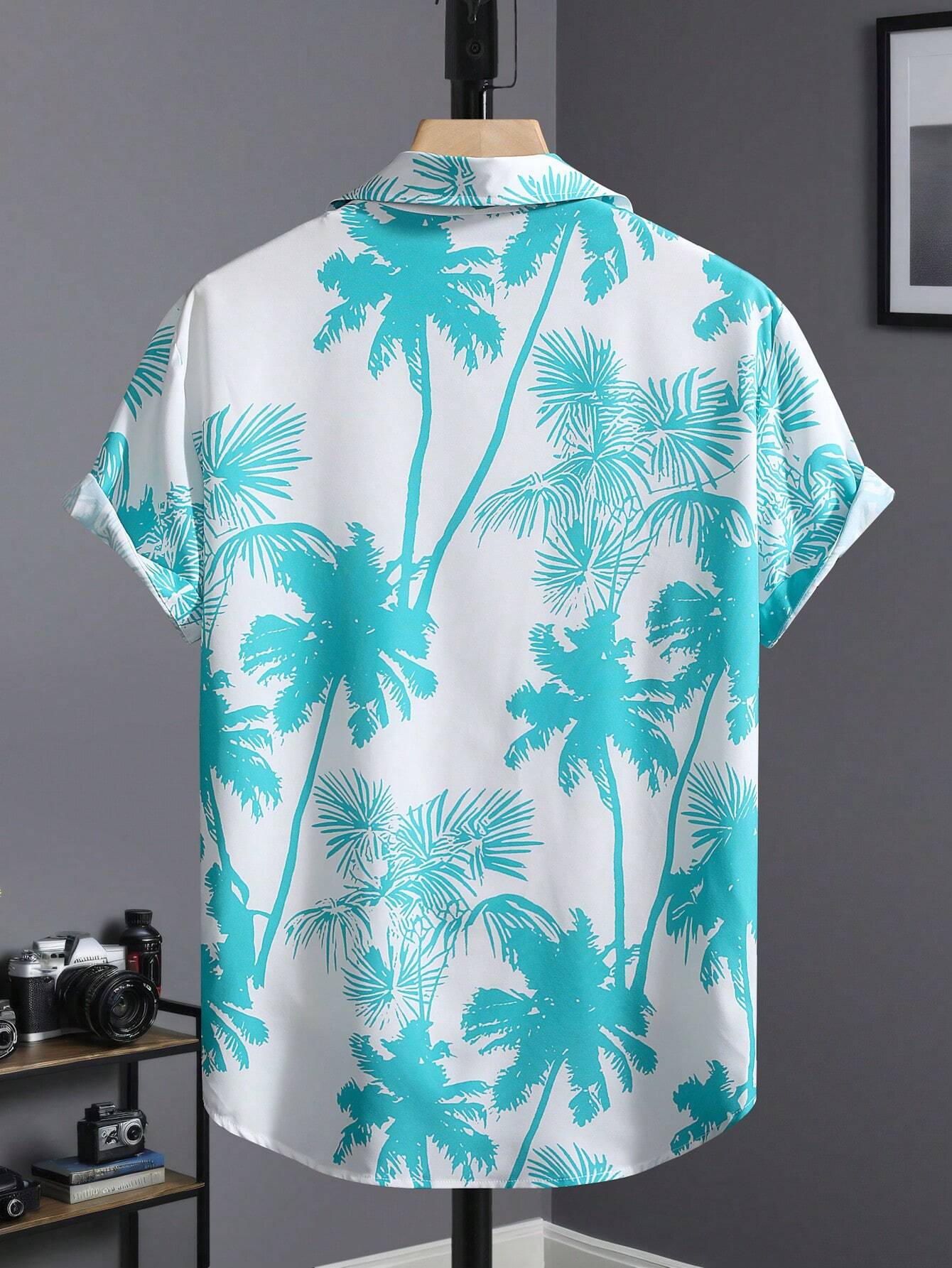 Casual Shirt Men's Palm Tree Print Short Sleeve Blue