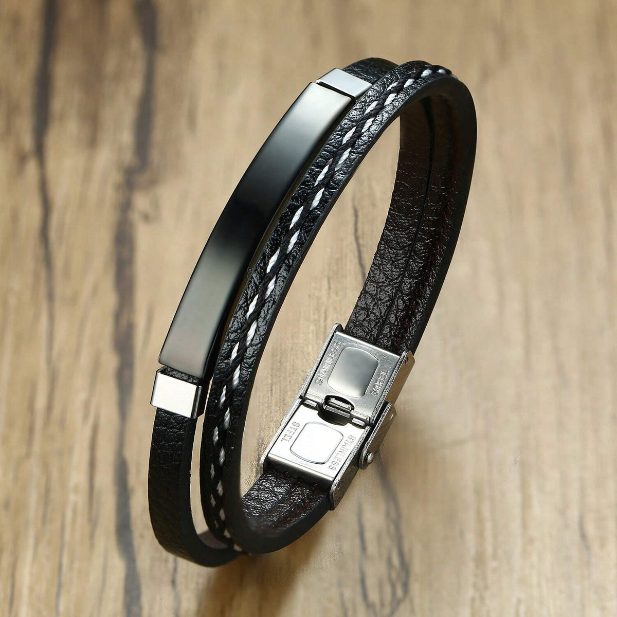 Men's Stainless Steel Curved Plate Braided PU Leather Bracelet