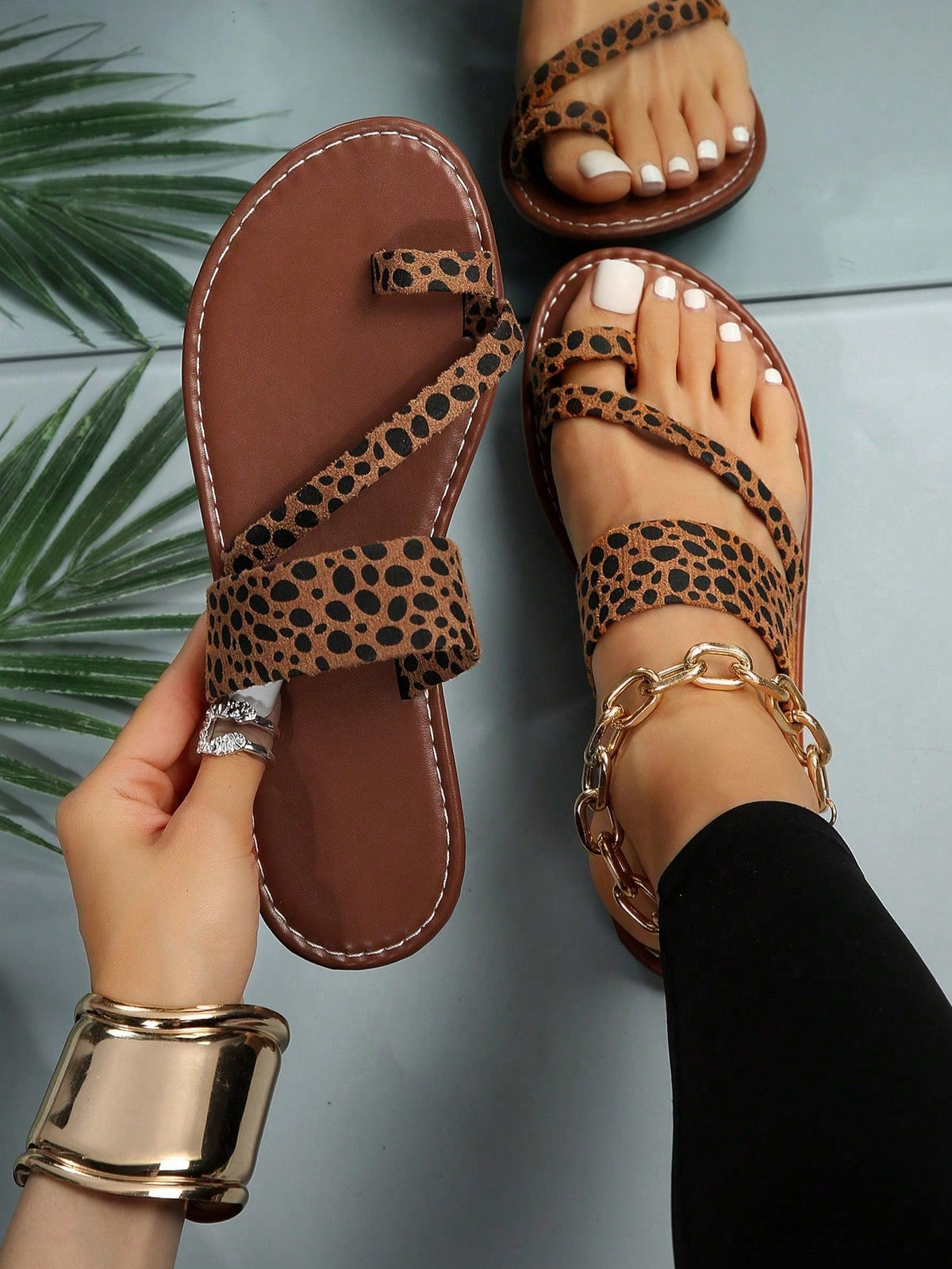 Women's Leopard Print Open Toe Casual Flat Slide Sandals