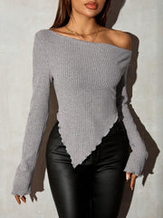 Women's Asymmetrical Neck Rib-Knit Grey Long Sleeve Top