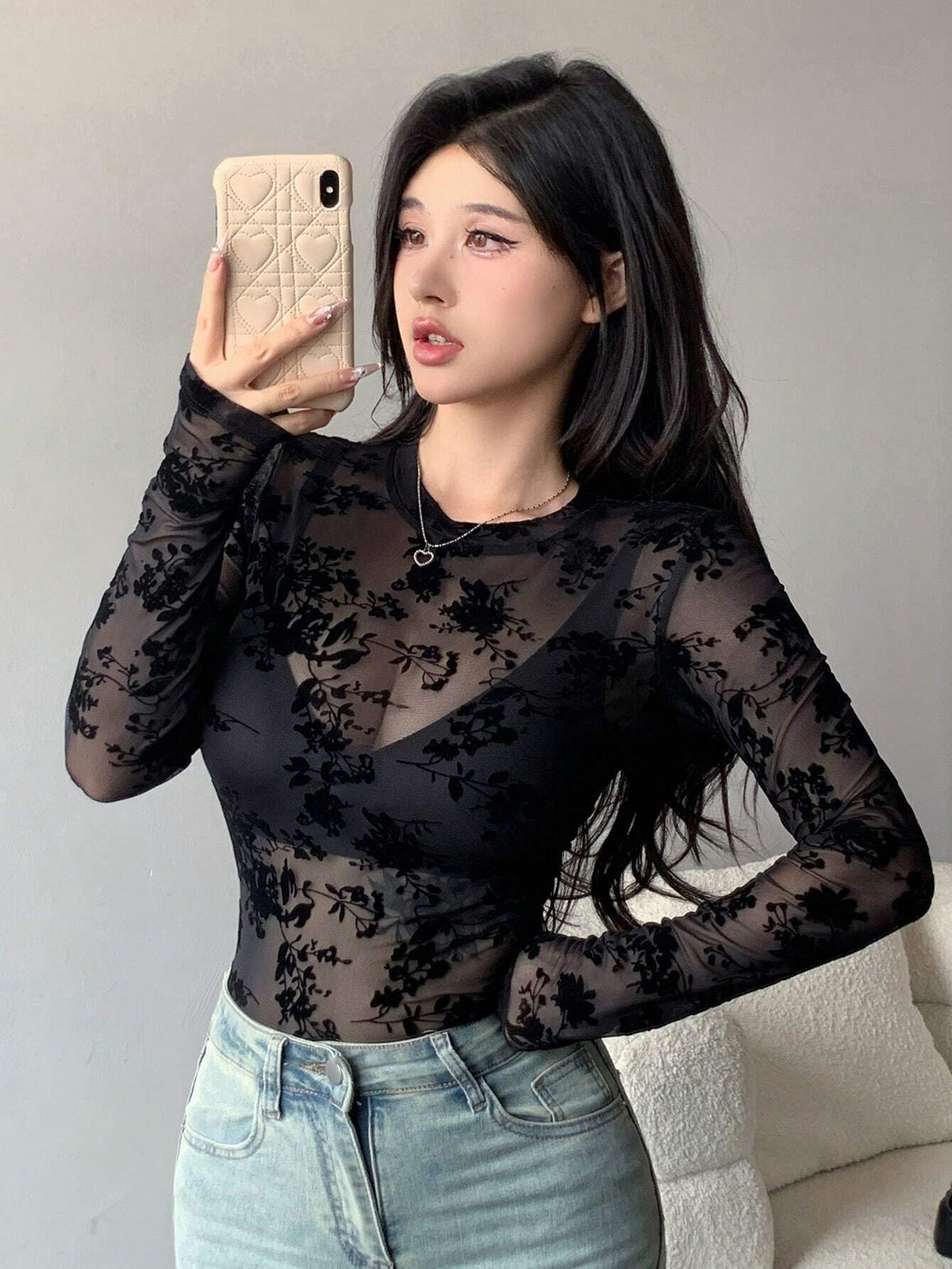 Women's Fitted Sheer Lace Floral Crew Neck Pullover Top