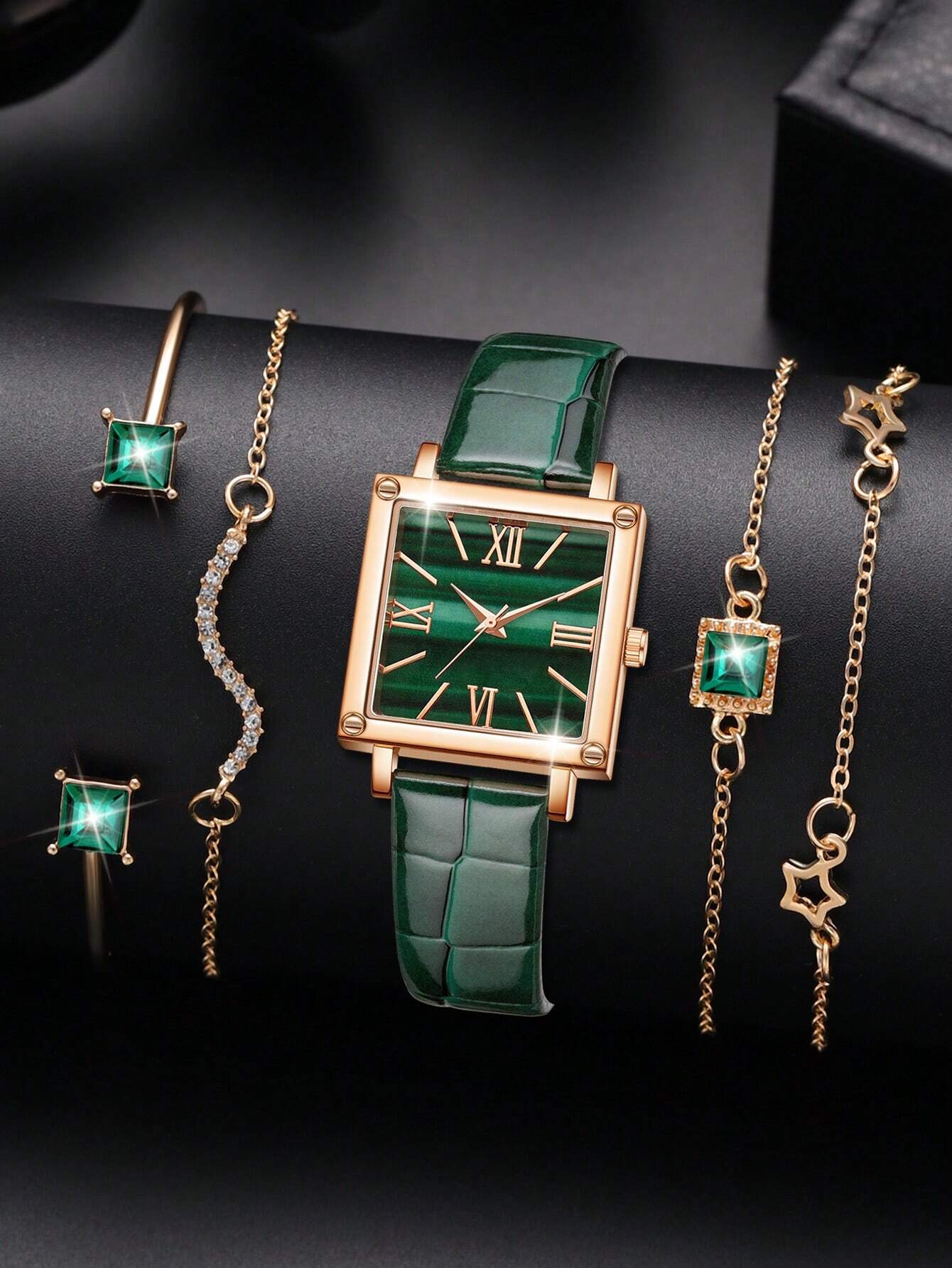 Ladies' 5-Piece Retro Square Dial Quartz Watch Bracelet Set