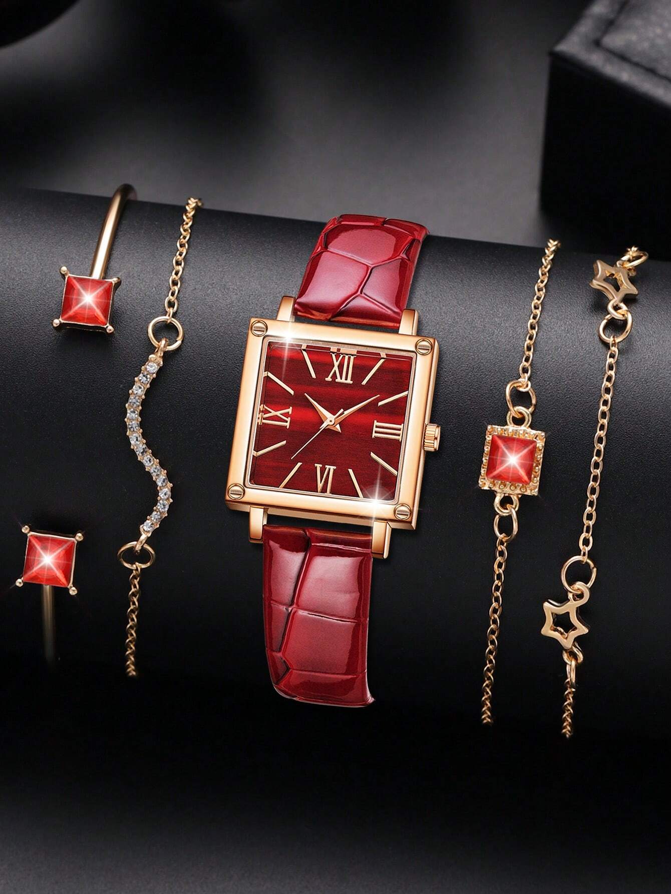 Ladies' 5-Piece Retro Square Dial Quartz Watch Bracelet Set